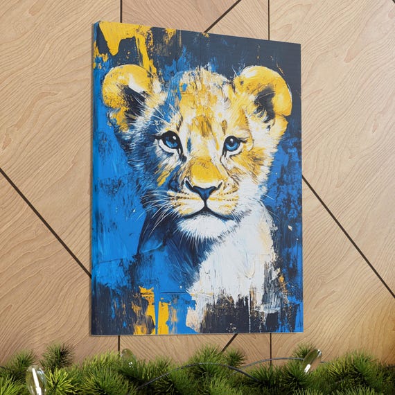 Lion Cub Wall Art Abstract Safari Canvas Modern Blue Gold Print Bold Wildlife Decor Big Cat Painting For Living Room