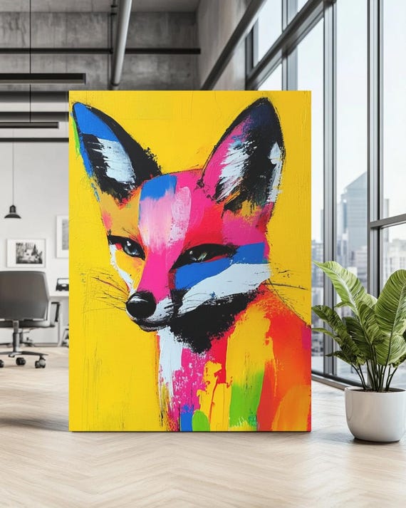 Colorful Fox Wall Art Neon Pop Animal Portrait Abstract Canvas Modern Painting Jungle Decor For Dorm Bedroom Office Or Gift Walls