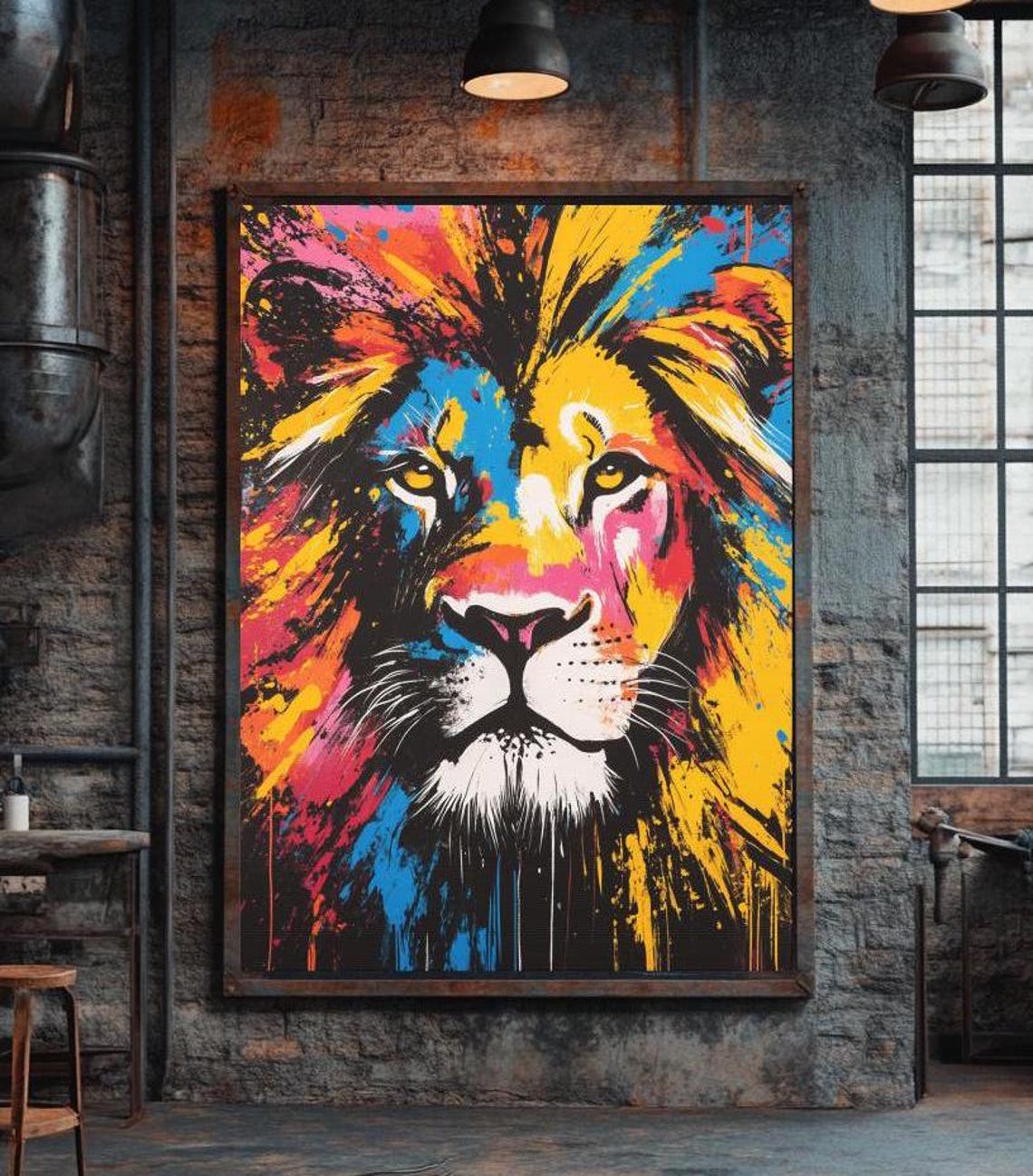 Colorful Lion Face Abstract Blue Yellow Pink Bold Pop Art Poster