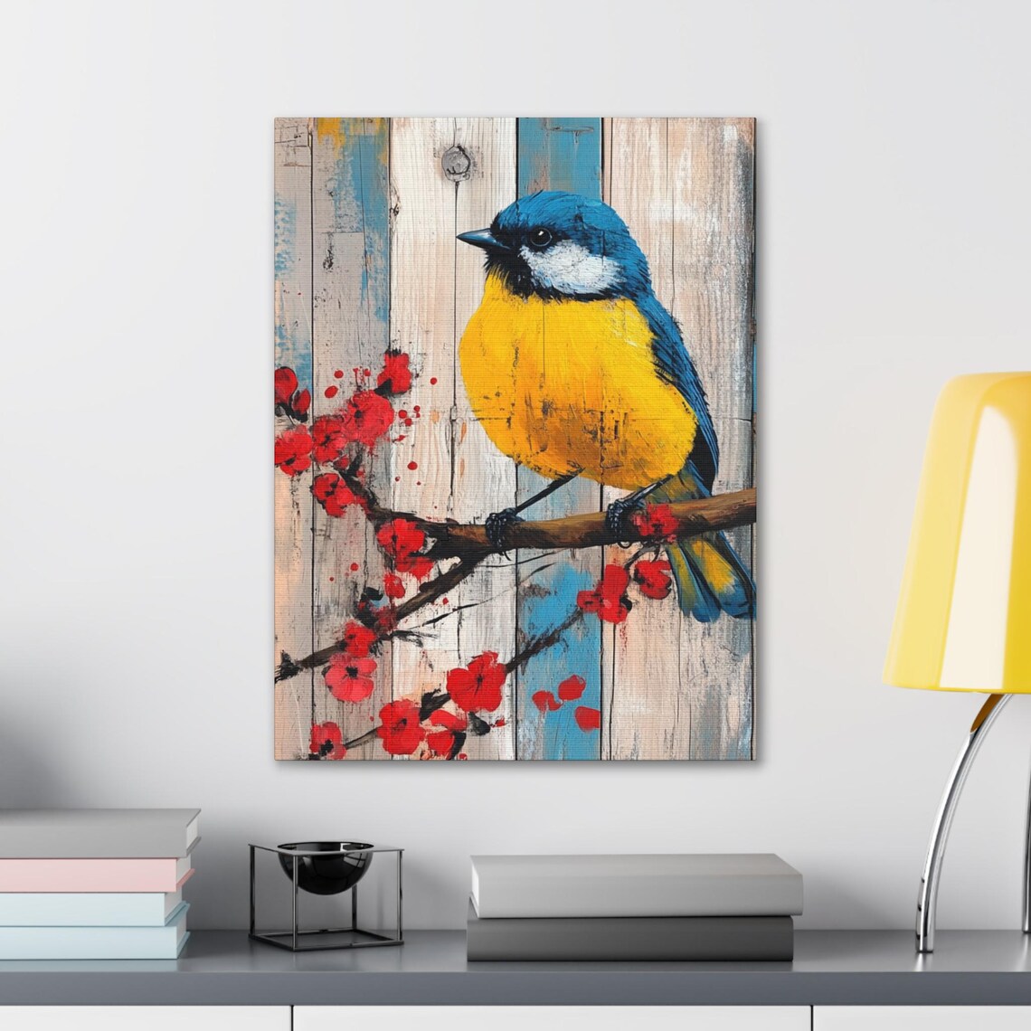 Blue Yellow Songbird Red Berries Rustic Farmhouse Bird Poster