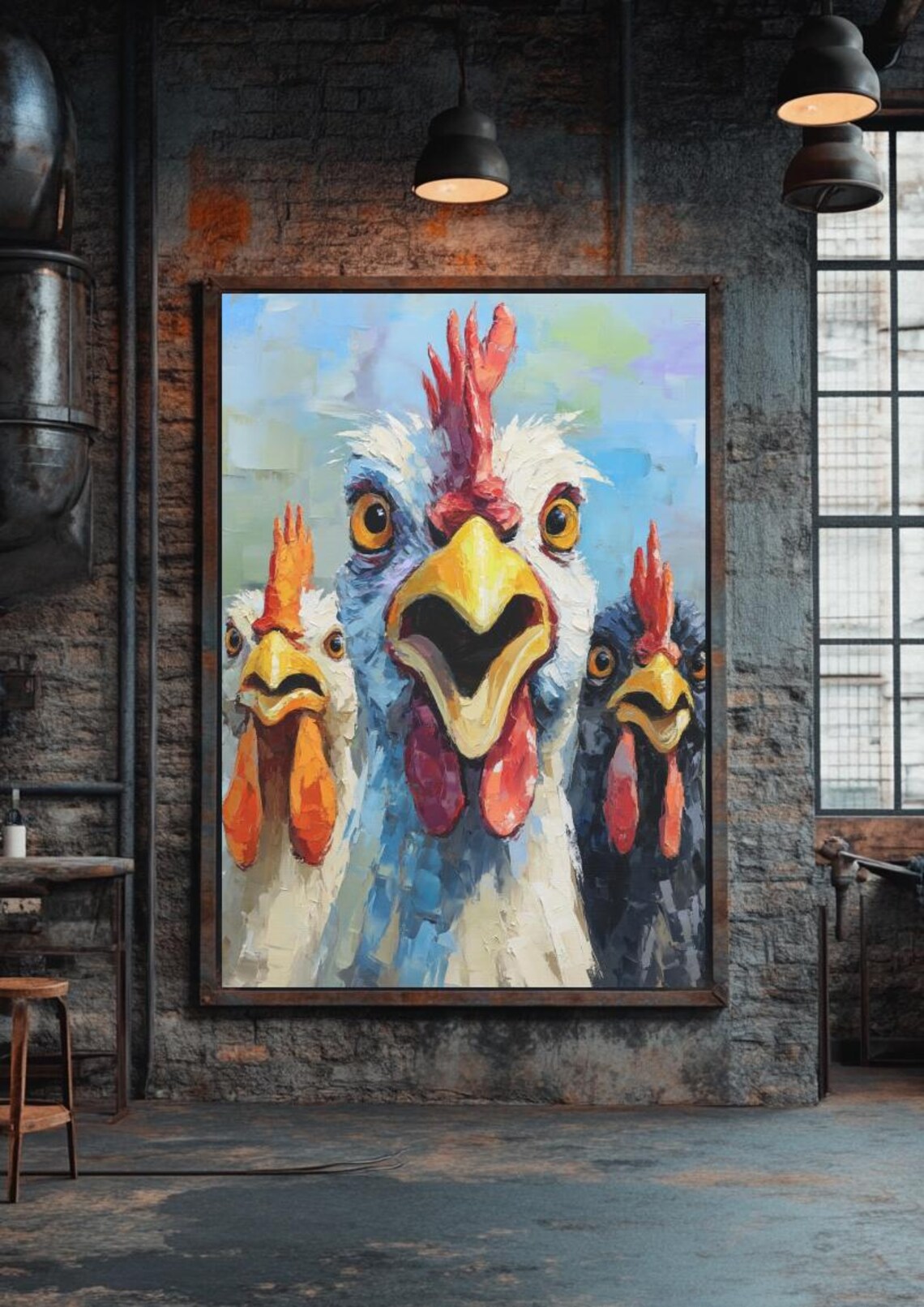 Funny Surprised Chickens Trio Colorful Oil Painting Farm Art Poster