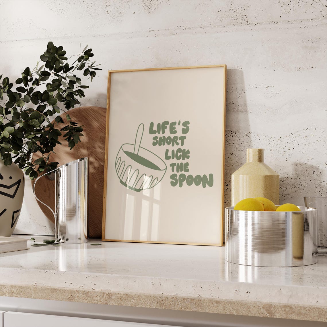 Life's Short Lick the Spoon Sage Green Kitchen Quote Wall Art