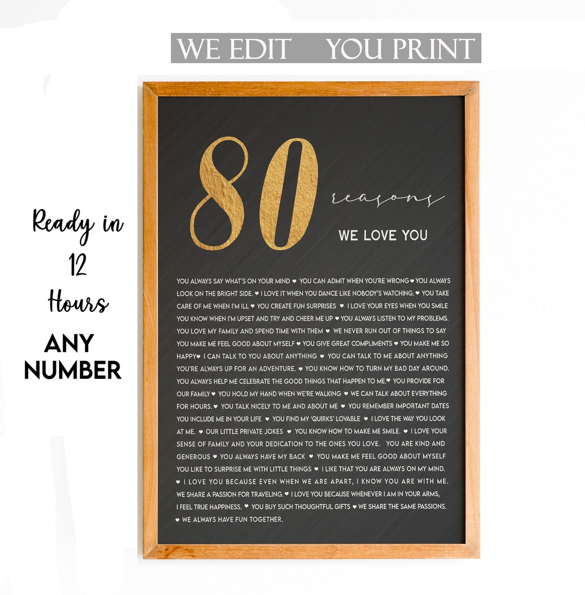 80 Reasons We Love You Black Gold Typographic Keepsake Poster