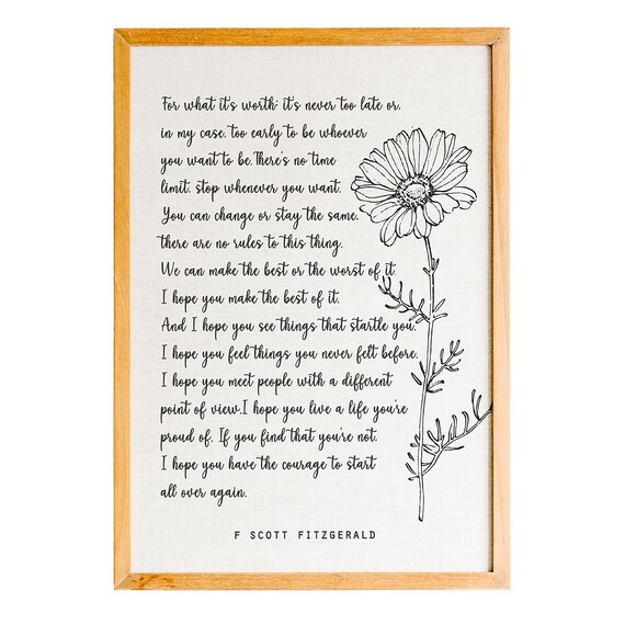 F Scott Fitzgerald Never Too Late Be Yourself Daisy Script Poster