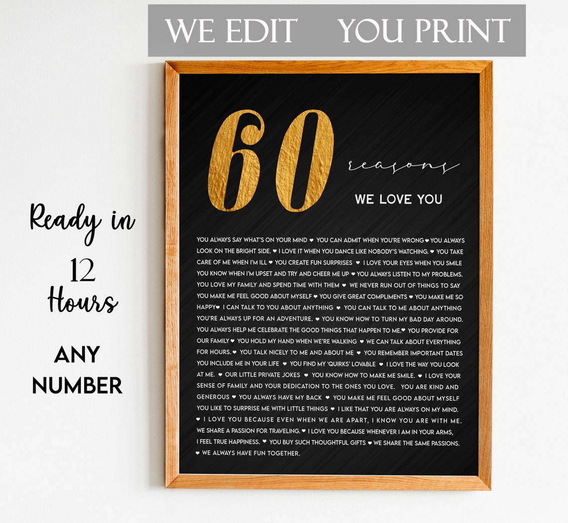 60 Reasons We Love You Black Gold Typographic Keepsake Poster