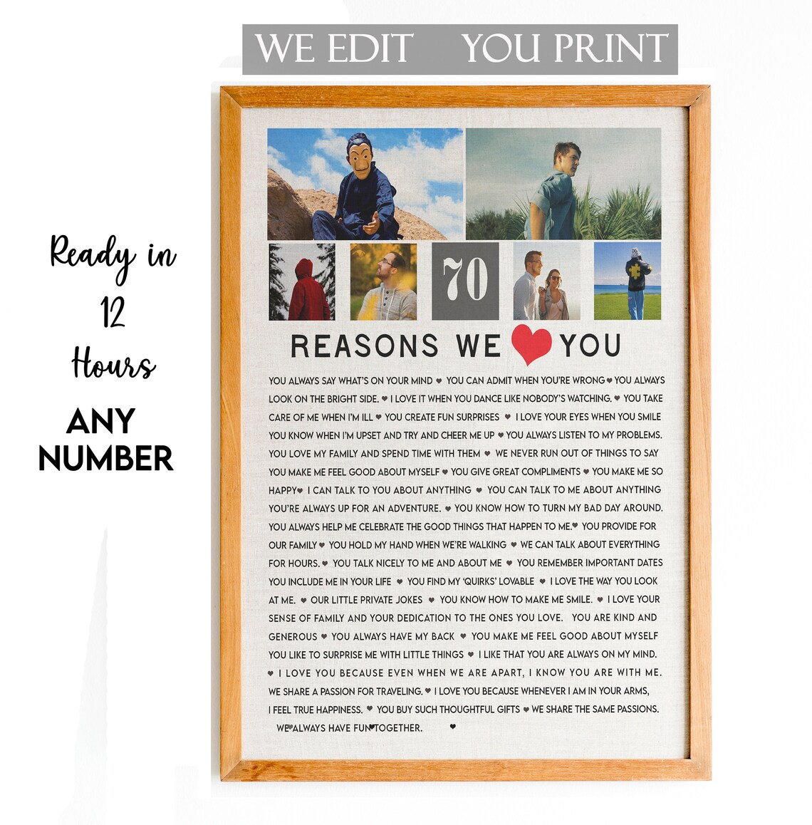 70 Reasons We Love You Photo Strip Keepsake Birthday Poster Gift