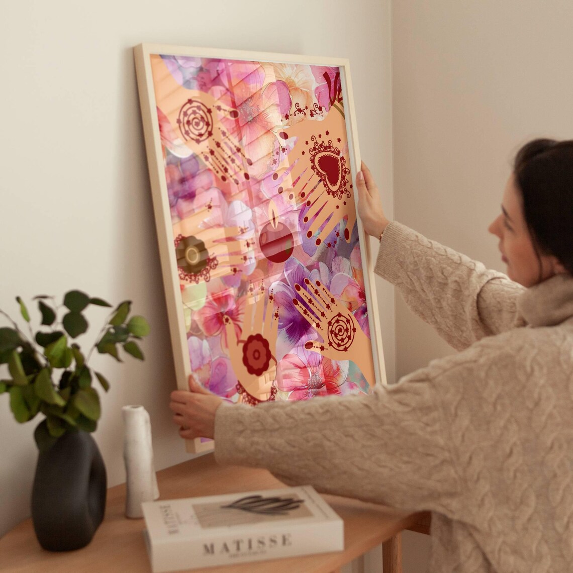 Mehndi Henna Hands Pink Floral Watercolor Indian Bridal Art Poster - Image 2