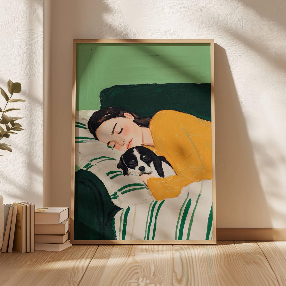 Woman Napping with Puppy in Yellow Sweater Cozy Artwork Poster