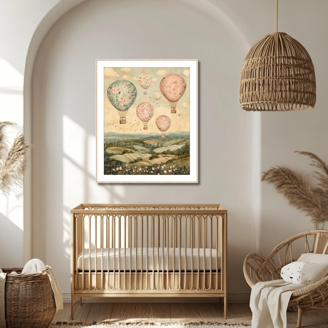 Vintage Floral Hot Air Balloons Over Rolling Hills Nursery Art Poster - Image 4