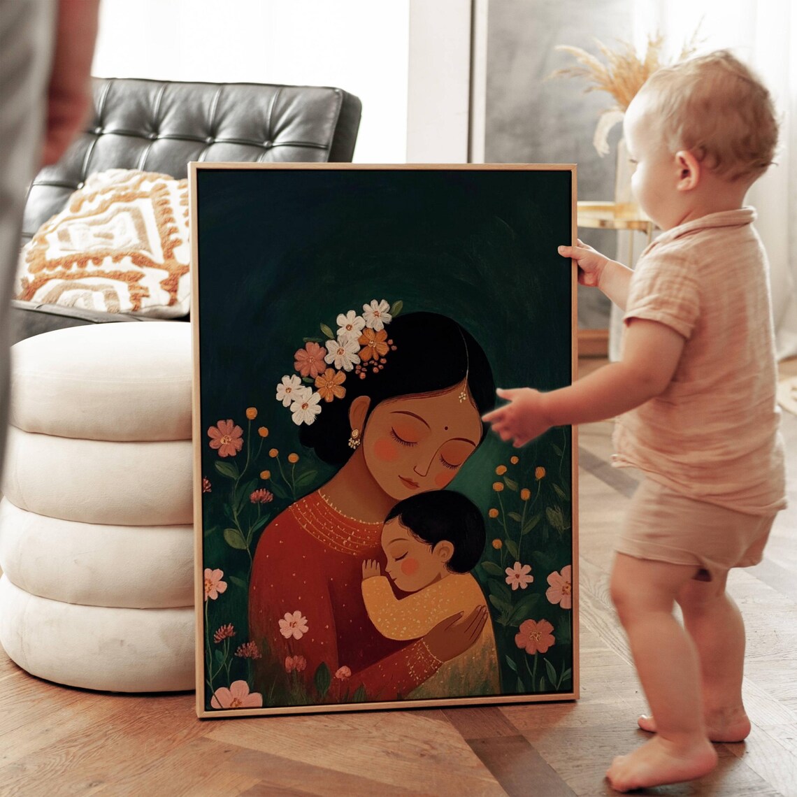 Indian Mother And Child Embrace Floral Motherhood Art Poster - Image 2