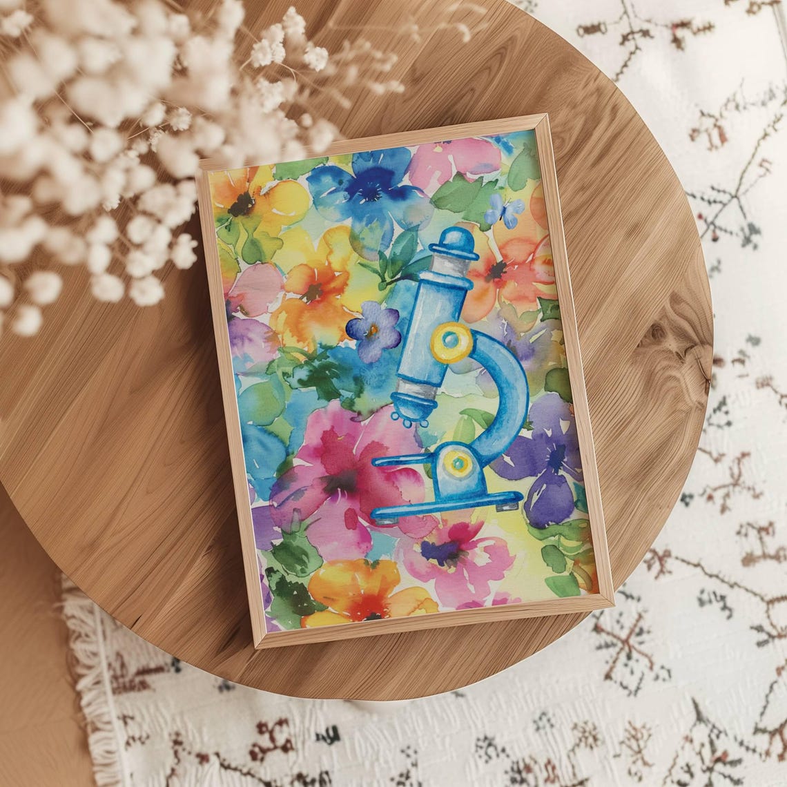 Blue Microscope Colorful Floral Watercolor Science Art Poster - Image 2