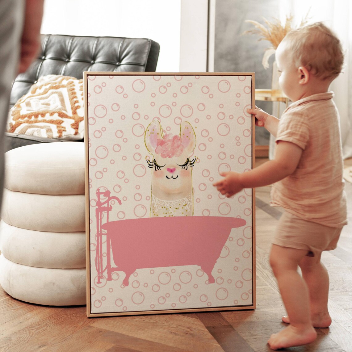 Pink Llama In Bathtub With Bubbles Glitter Watercolor Bathroom Poster - Image 3