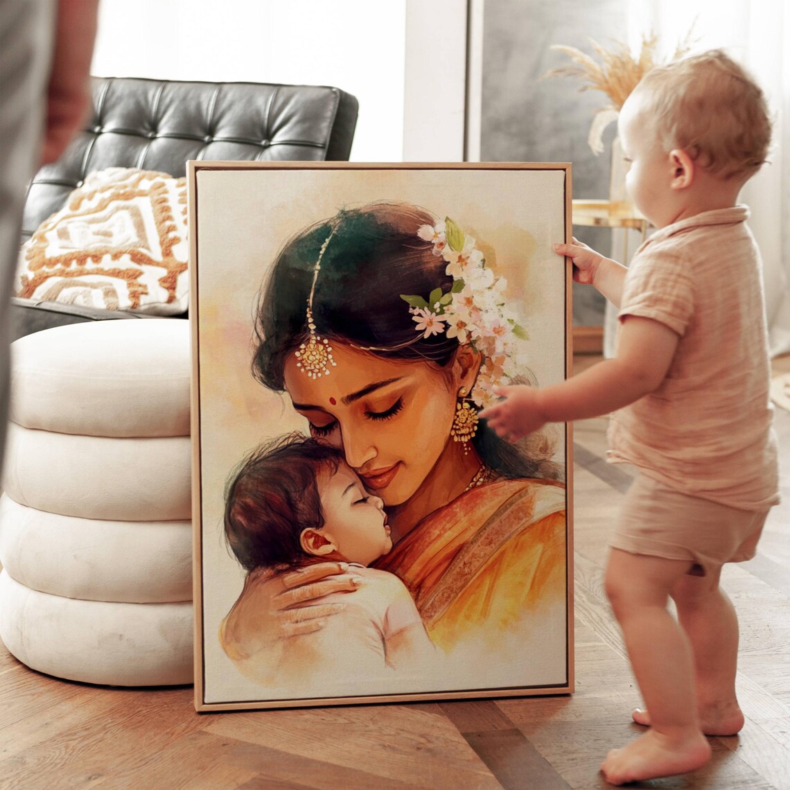 Indian Mother Kissing Baby Orange Sari Watercolor Love Poster - Image 2