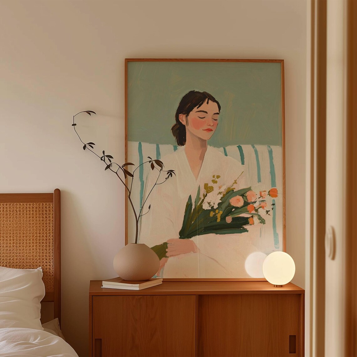 Woman in White Holding Flower Bouquet Soft Green Minimalist Art Poster - Image 4