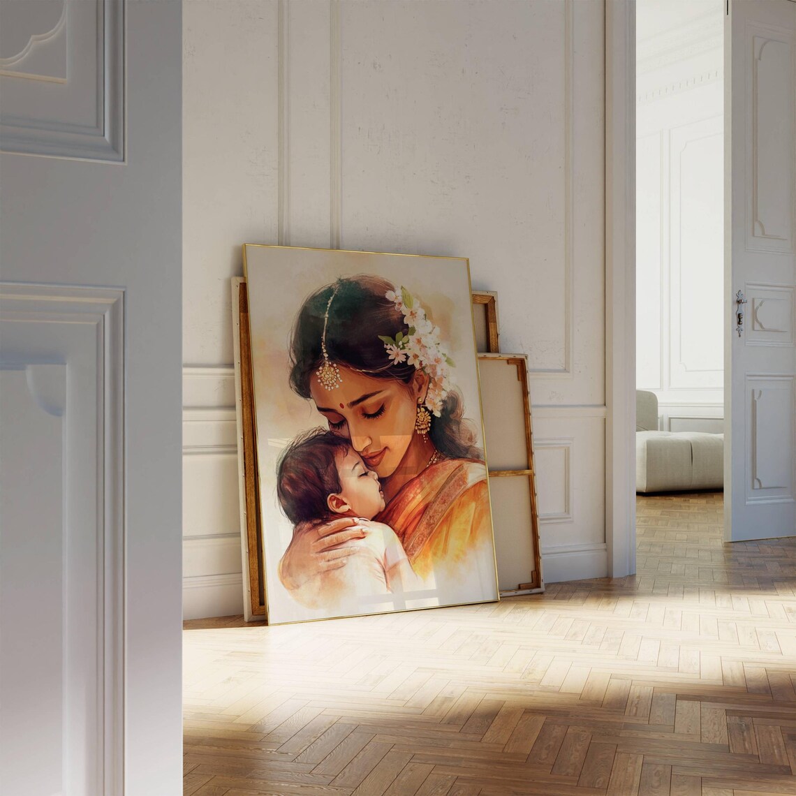 Indian Mother Kissing Baby Orange Sari Watercolor Love Poster - Image 4