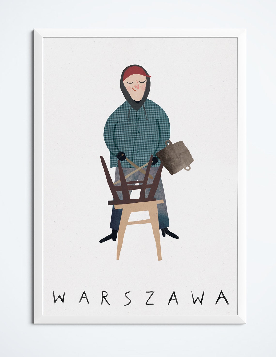 Warszawa Folk Illustration Man With Chairs Watering Can Art Poster - Image 2