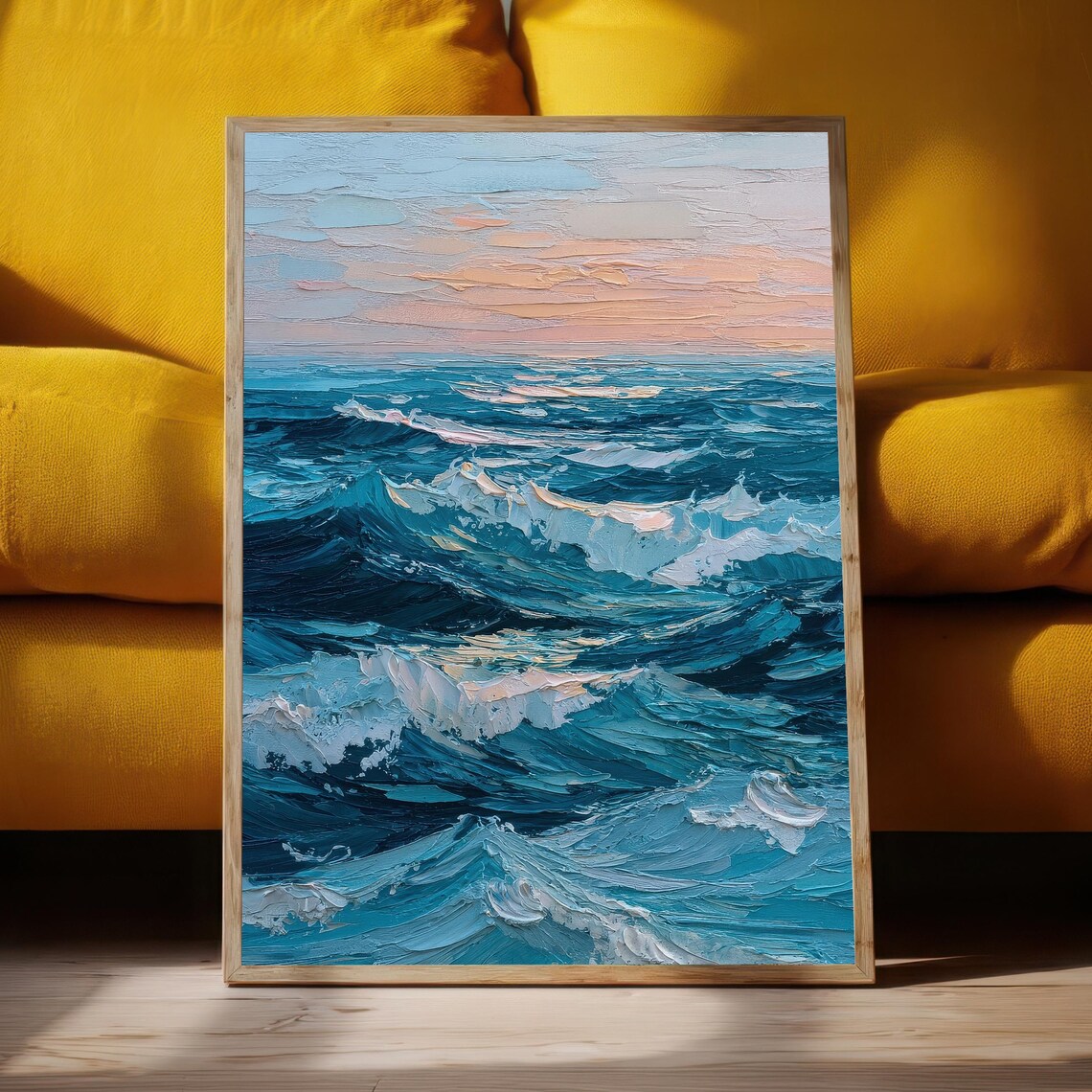 Textured Ocean Waves Impasto Oil Painting Sunset Coastal Poster