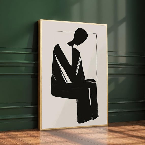 Minimalist Silhouette Art Figure Graphic Abstract Introspection Wall Decor Black And White Contemporary