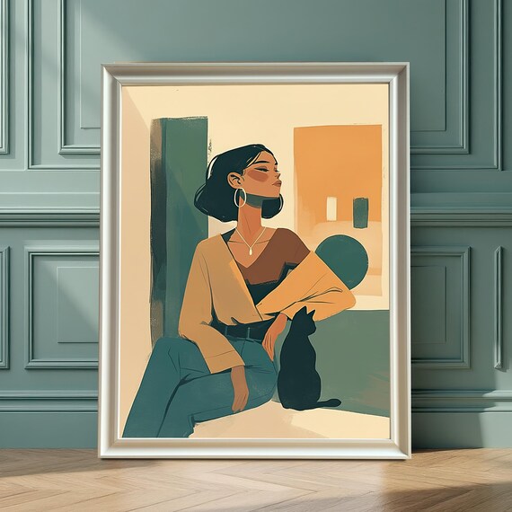 Stylish Woman With Black Cat Minimalist Modern Portrait Poster