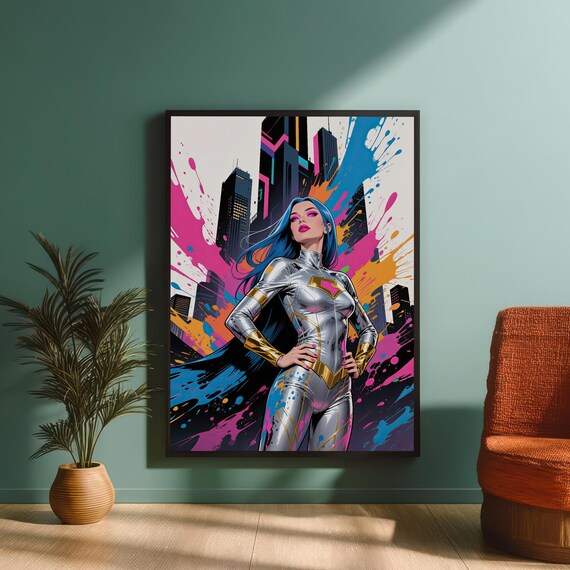 Superheroine Cityscape Art Print Modern Wall Bold Female Portrait Illustration