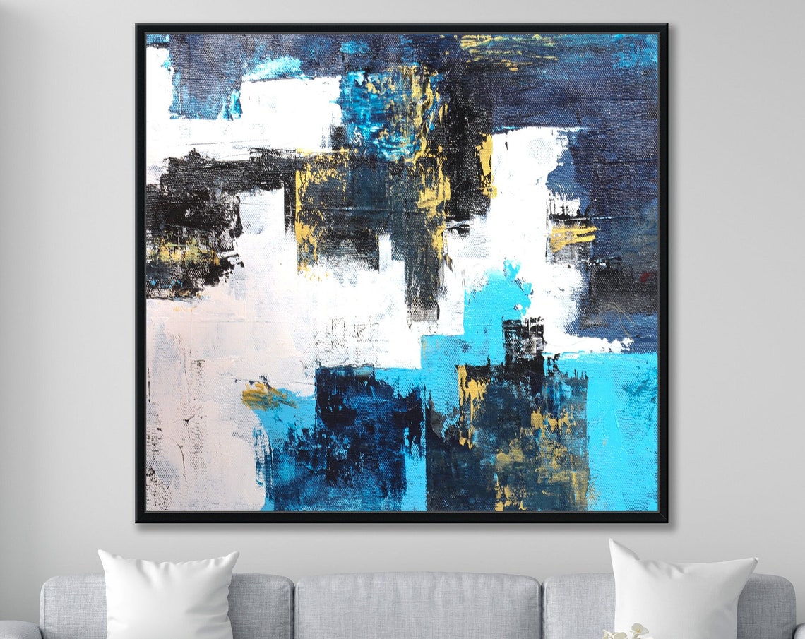 Navy Blue White Turquoise Block Textured Abstract Square Poster