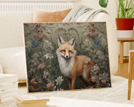 Red Fox Baroque Floral Vintage Botanical Wildlife Art Poster