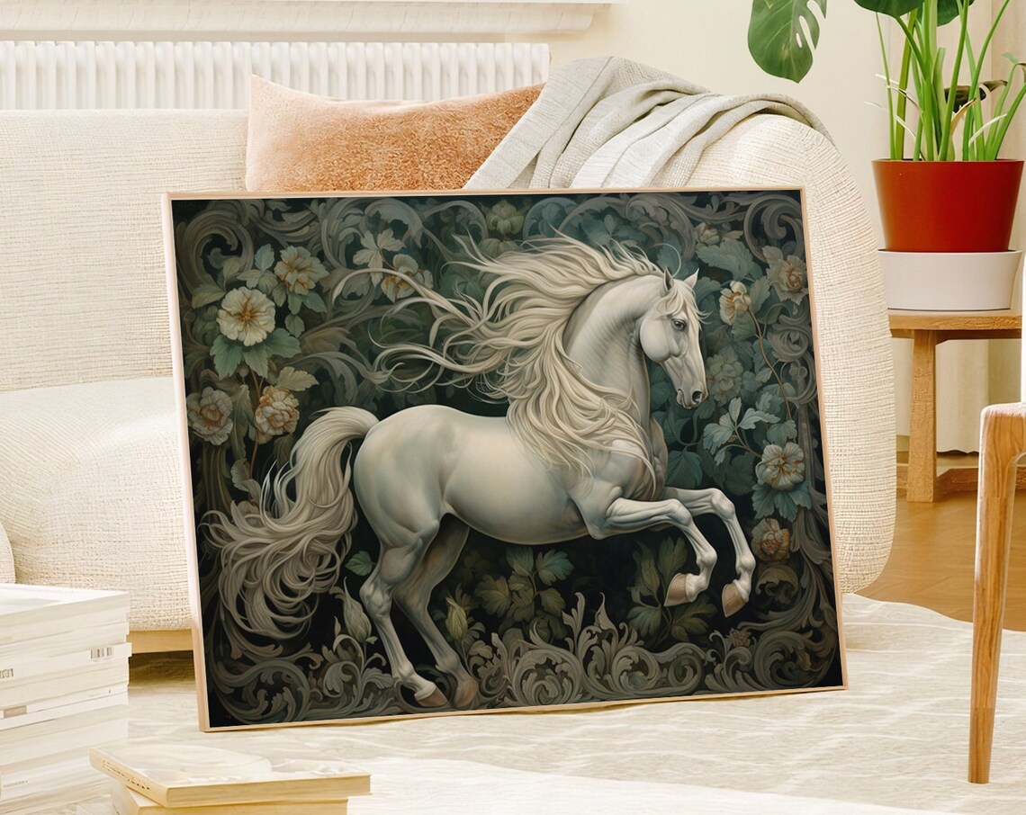 Galloping White Horse In Dark Floral Meadow Equestrian Poster - Image 5