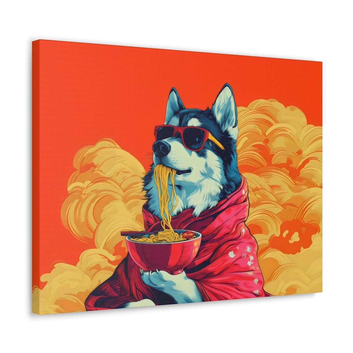 Cool Husky Dog in Sunglasses Eating Ramen Orange Pop Art Poster - Image 2