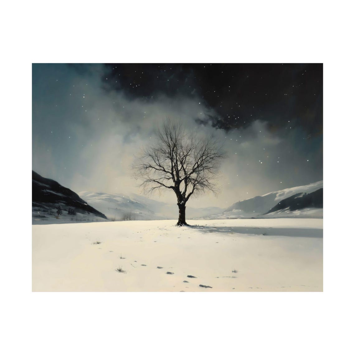 Starry Night Over Snowy Field With A Bare Tree Winter Art Print - Image 3