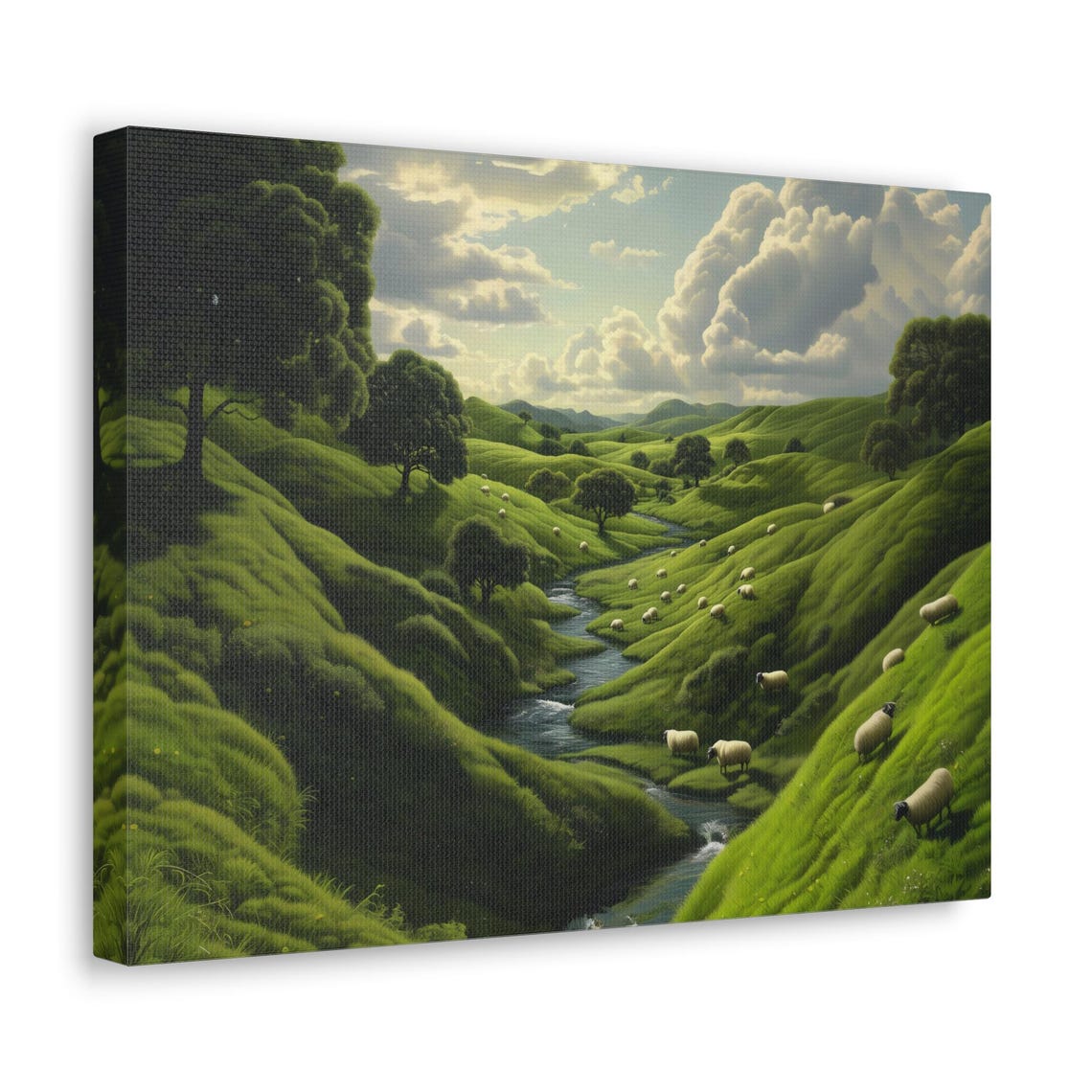 Sheep Grazing Green Valley Stream Peaceful Pasture Landscape Poster - Image 2