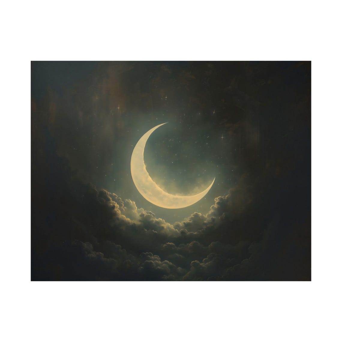 Luminous Golden Crescent Moon Night Sky Clouds Stars Dreamy Poster - Image 3