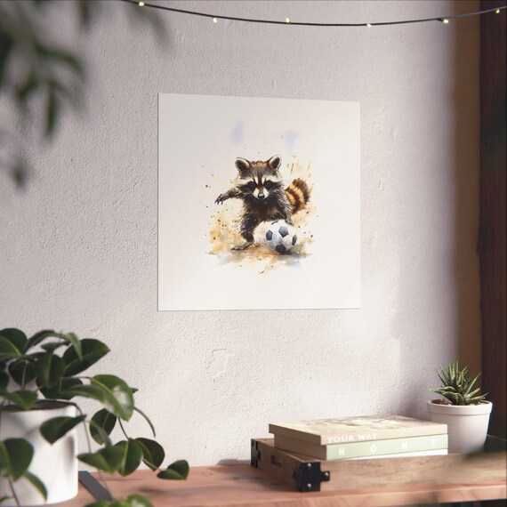 Cute Raccoon Soccer Player Watercolor Art Ball Kick Kids Room Poster