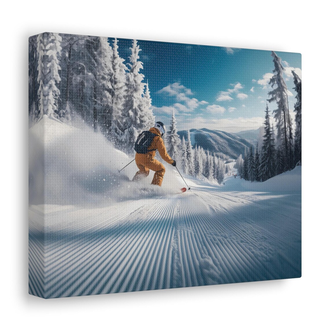 Powder Spray From Skier Racing Down Snowy Mountain Slope Blue Sky Poster - Image 2