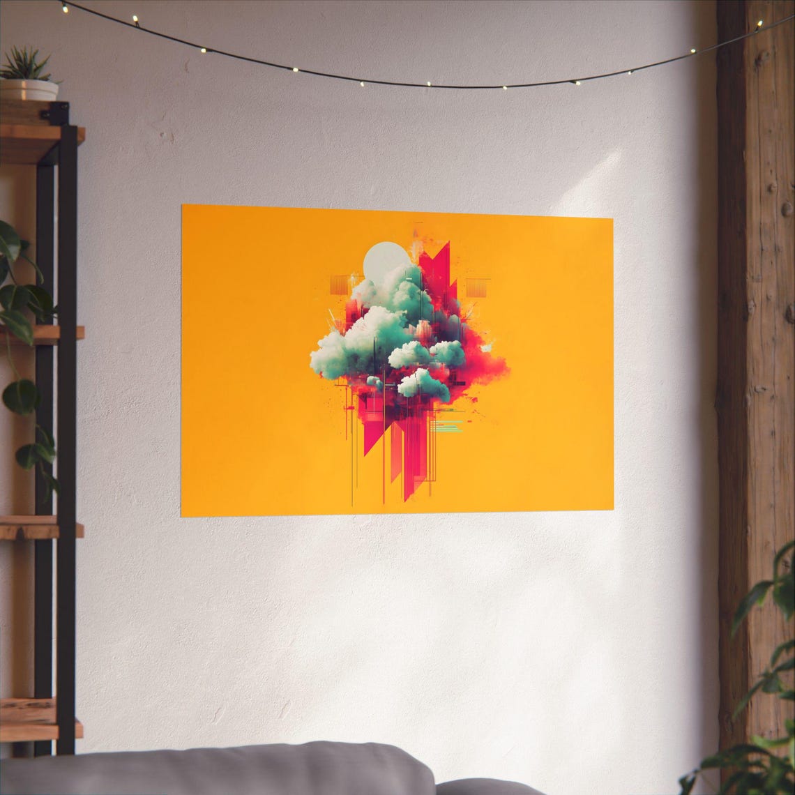 Mustard Yellow Cloud Abstract with Neon Pink Geometric Shapes Poster - Image 2