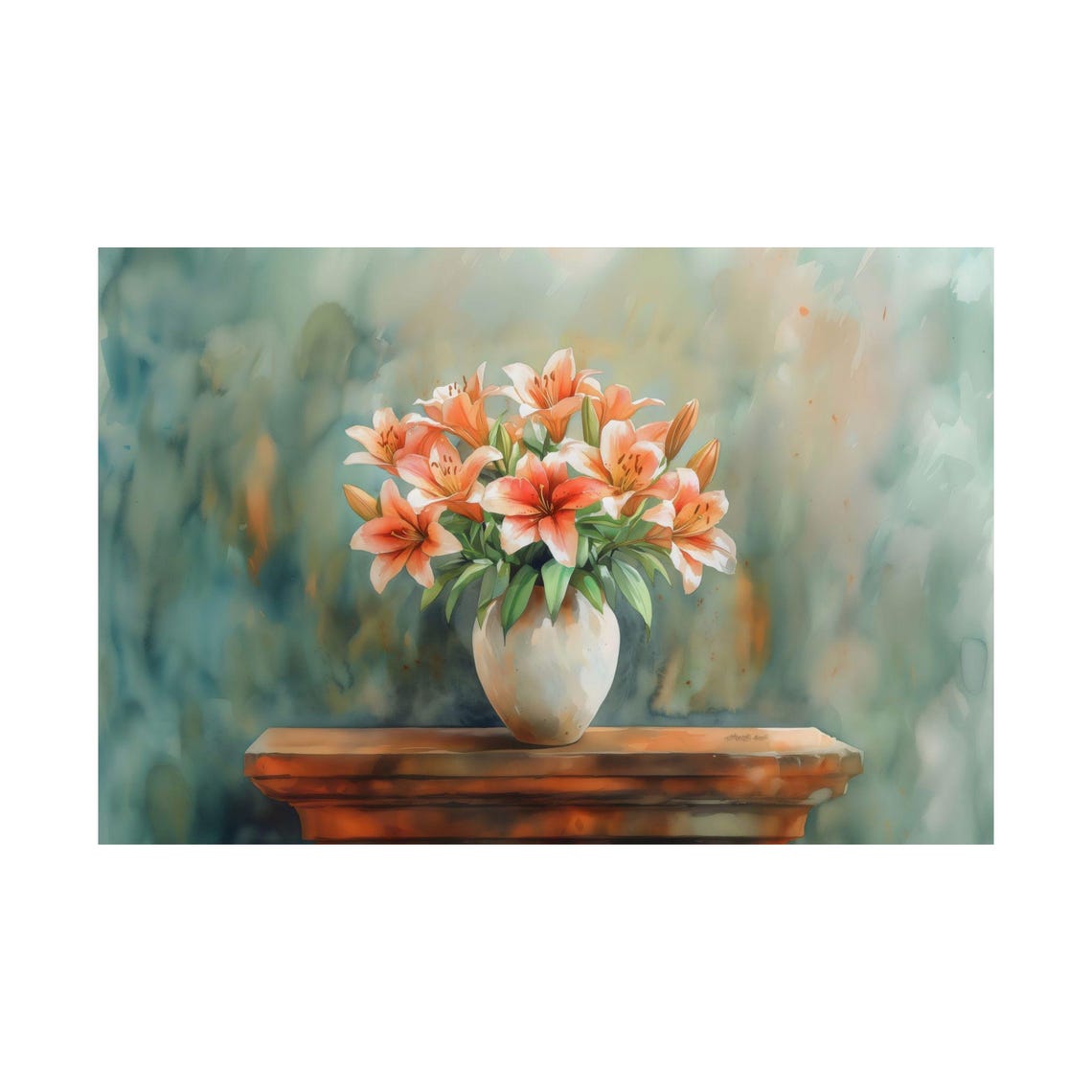 Glowing Sunny Orange Lilies in White Vase Watercolor Blossom Poster - Image 2