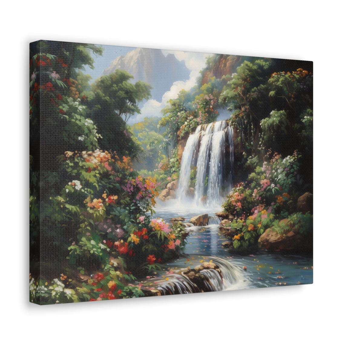 Tropical Waterfall Paradise Garden Vibrant Bloom Scenic Wall Art - Image 2