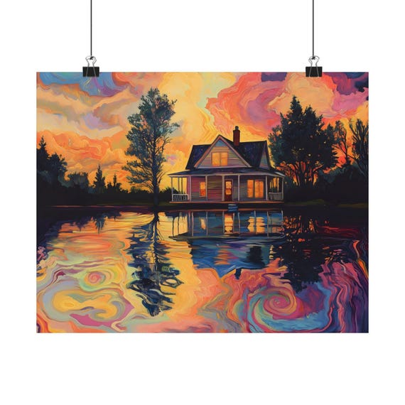 Psychedelic Lakehouse Poster Print Landscape Modern Painting Nature Calm Relaxing Wall Print Airbnb Art Wall Decor