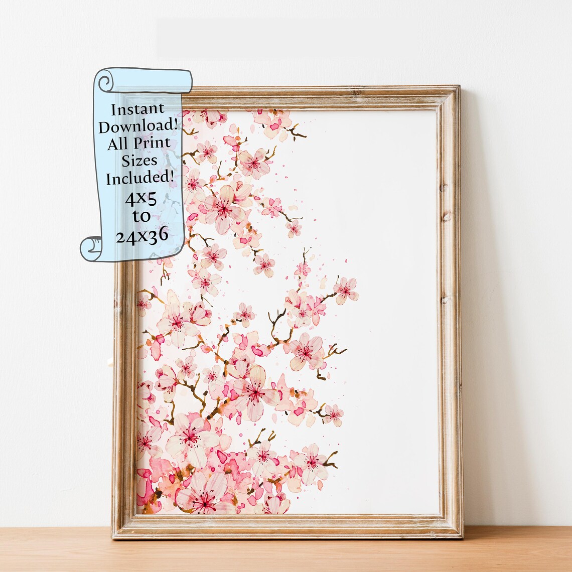 Pink Cherry Blossom Branch Watercolor Sakura Floral Art Poster