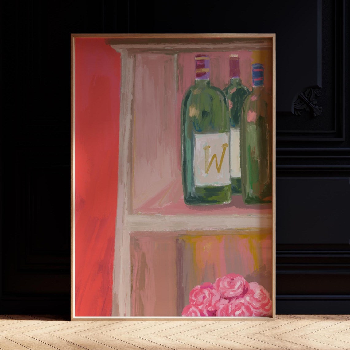 Wine Still Life Bottles Pink Roses Bar Cabinet Chic Wall Poster - Image 3