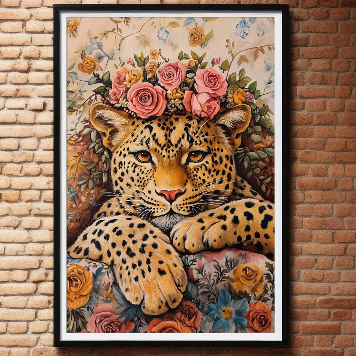 Boho Leopard With Pink Rose Crown Rustic Vintage Floral Art Poster - Image 2