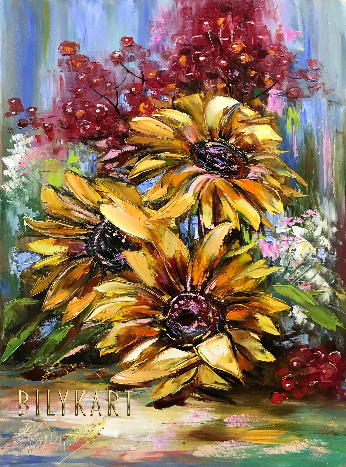 Golden Sunflowers Red Berries Palette Knife Floral Still Life Poster - Image 3