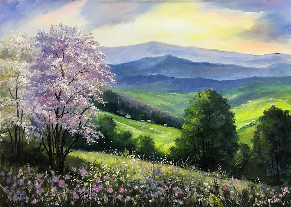 Blue Ridge Smoky Mountains Spring Blossom Valley Oil Painting Poster