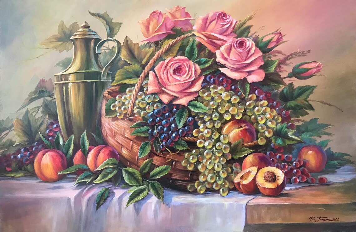 Still Life Fruit Basket, Classical Oil Painting Art Print