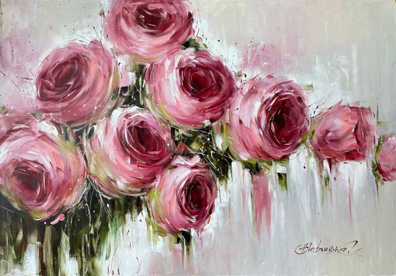 Pink Roses Oil Painting, Abstract Floral Art Print