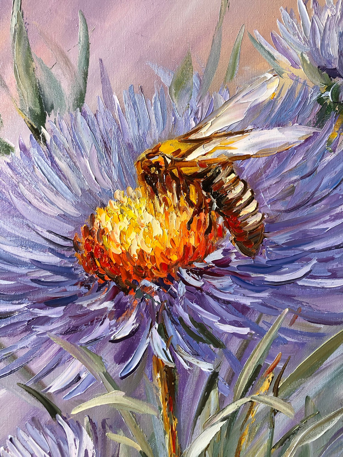 Honeybee On Purple Aster Flowers Lavender Background Nature Art Poster - Image 2