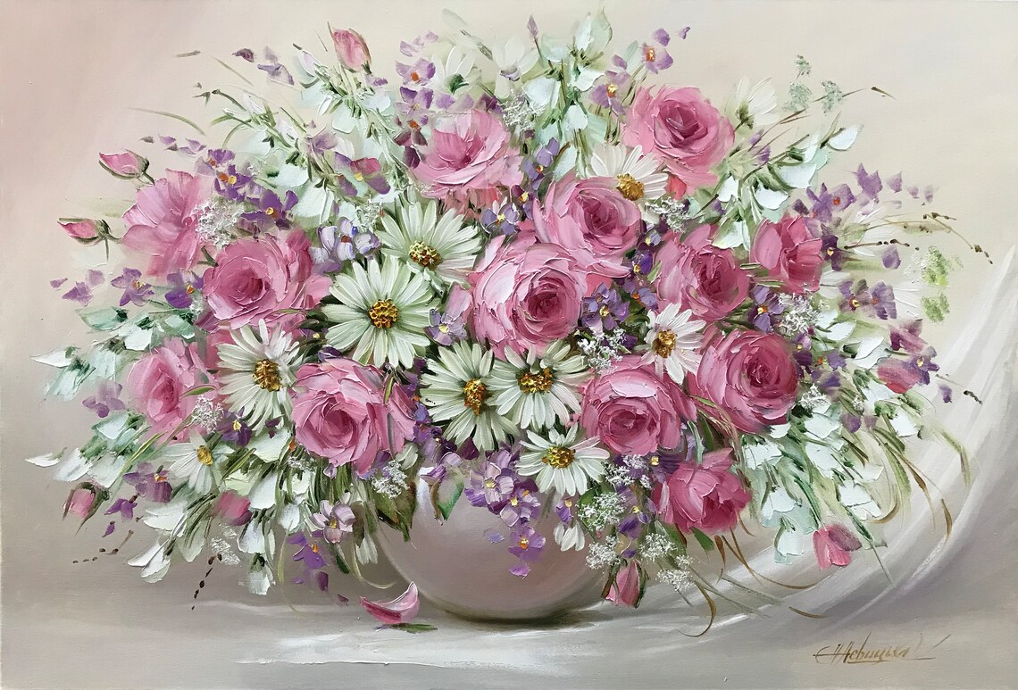 Roses Bouquet Oil Painting Original Flowers In A Vase Painting Classic Artwork Pink Flowers Art Rose Flower Oil Painting Luxury Gift For Her
