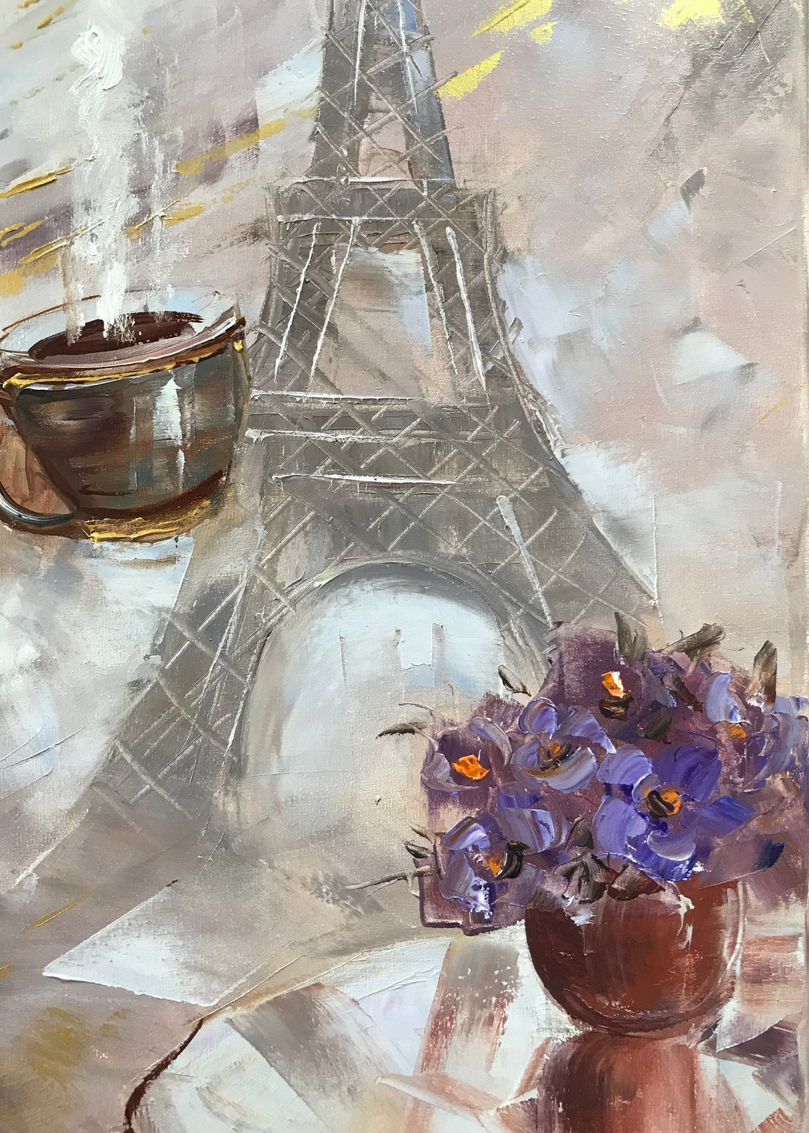 Woman Drinking Coffee White Blouse Eiffel Tower Paris Morning Poster - Image 2