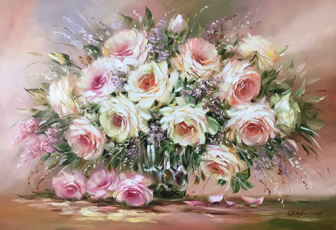 Roses Bouquet Oil Paintings Original Flowers In A Vase Paintings Classic Artwork Pink Flowers Art Roses Flower Oil Painting Art Gift For Her