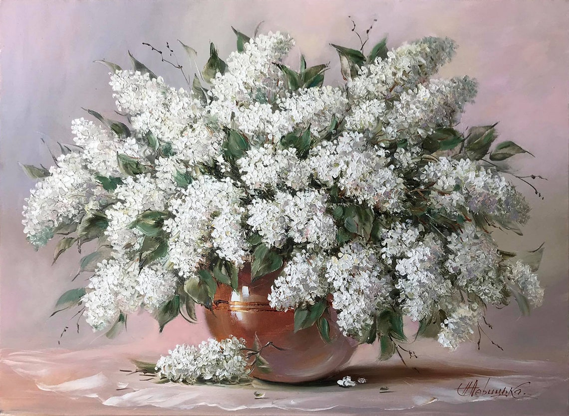 Lilac Flowers Oil Painting Original White Flowers In Vase Paintings On Lilac Art Still Life Painting Of Flowers In Vase Original Art