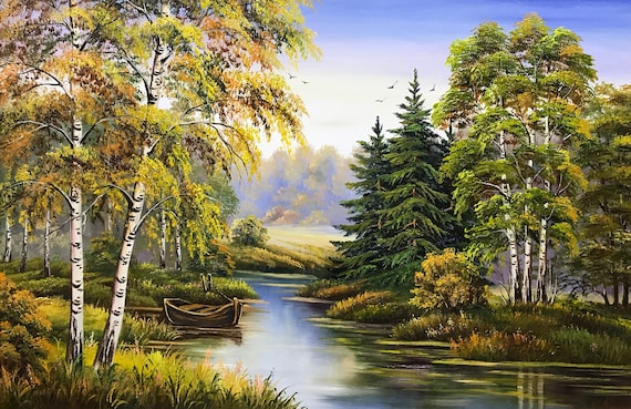 Ukrainian Landscape Painting Framed Ukraine Oil Painter Countryside Wall Art Ukraine Wall Decor River Canoe Painting Birch Tree Wall Art